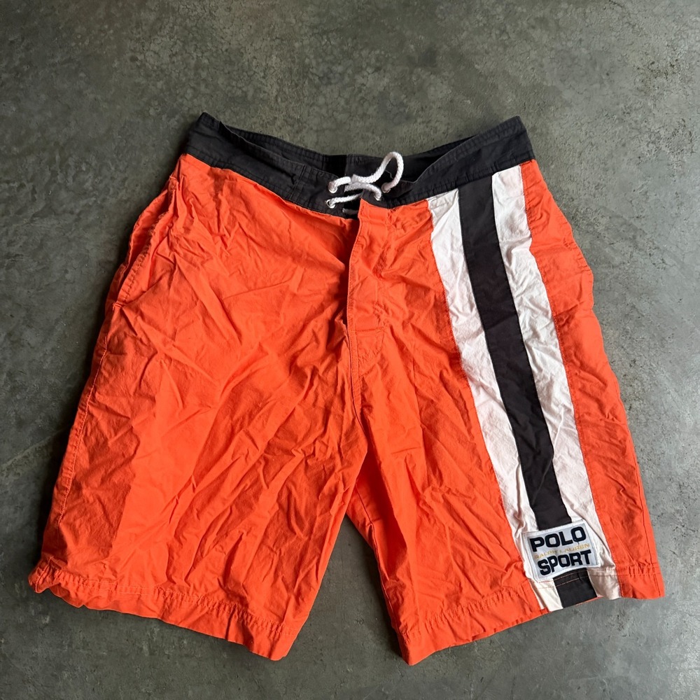 Vintage Polo Sport Ralph Lauren Shorts Orange Black Stripe Swim Mens 32 RARE